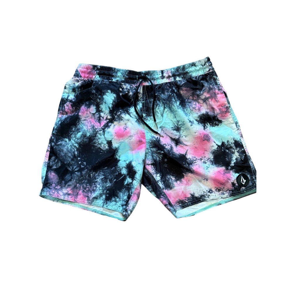 Volcom Mens Tie Dye Swim Trunks Pink Teal Black Unlined Board Shorts Size M - Picture 1 of 9